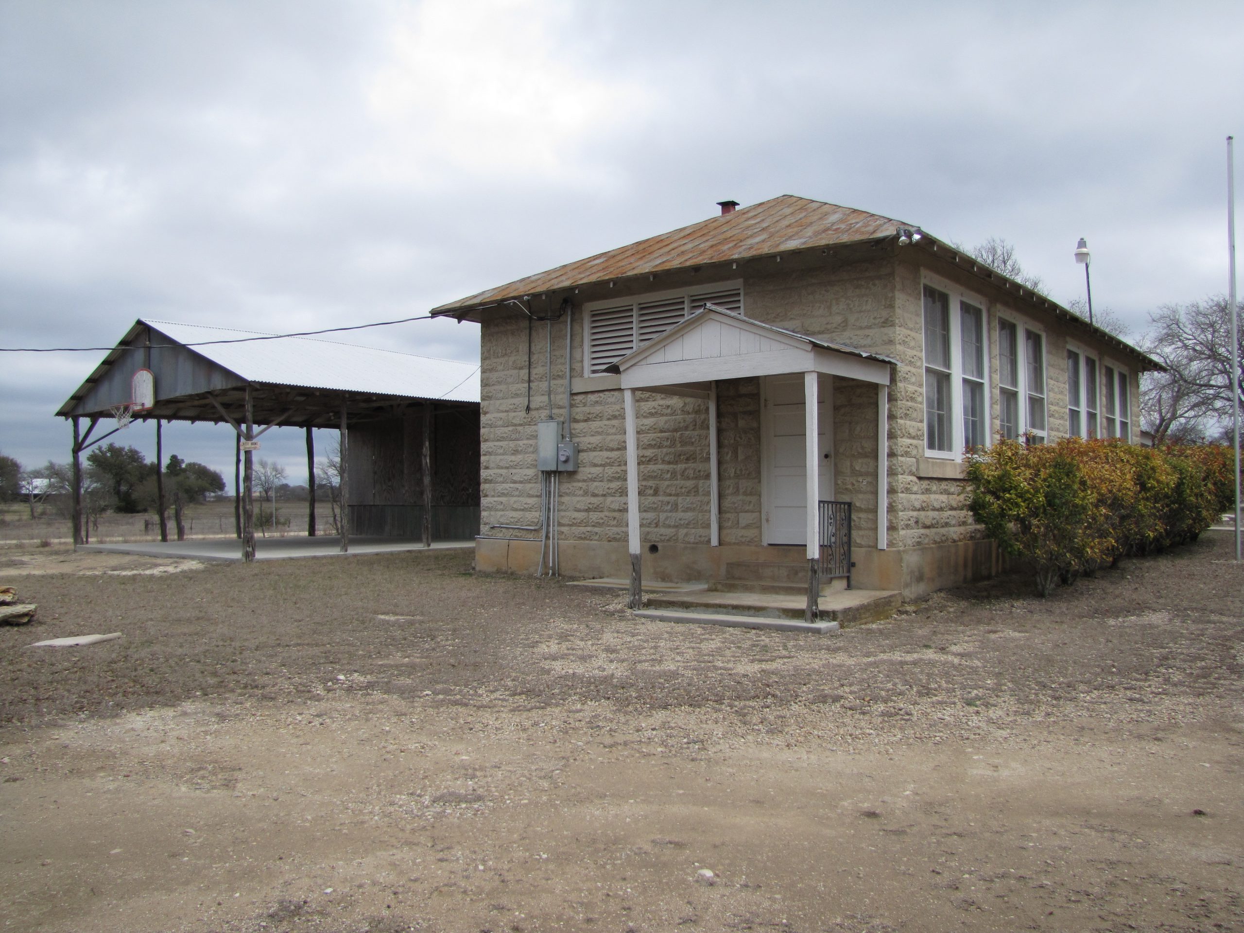 front view of cherry mountain school with pavilion on left side